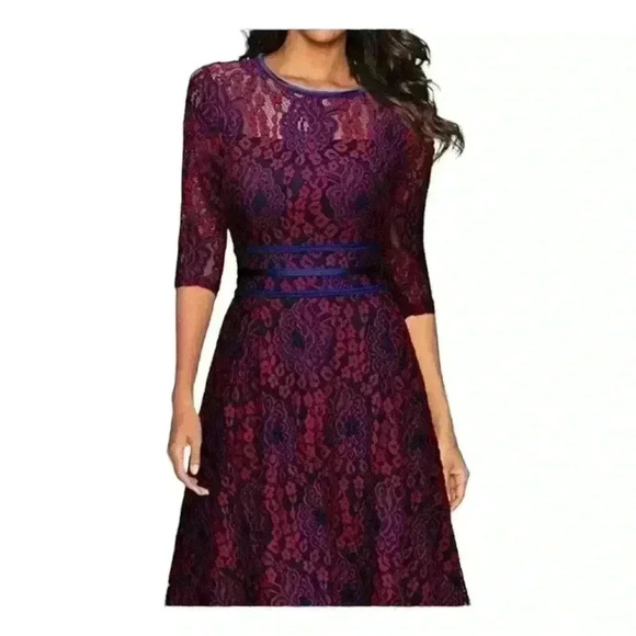 Miusol Fit and Flared Burgundy/Navy Floral Laced Dress SIZE-SMALL - Picture 1 of 9